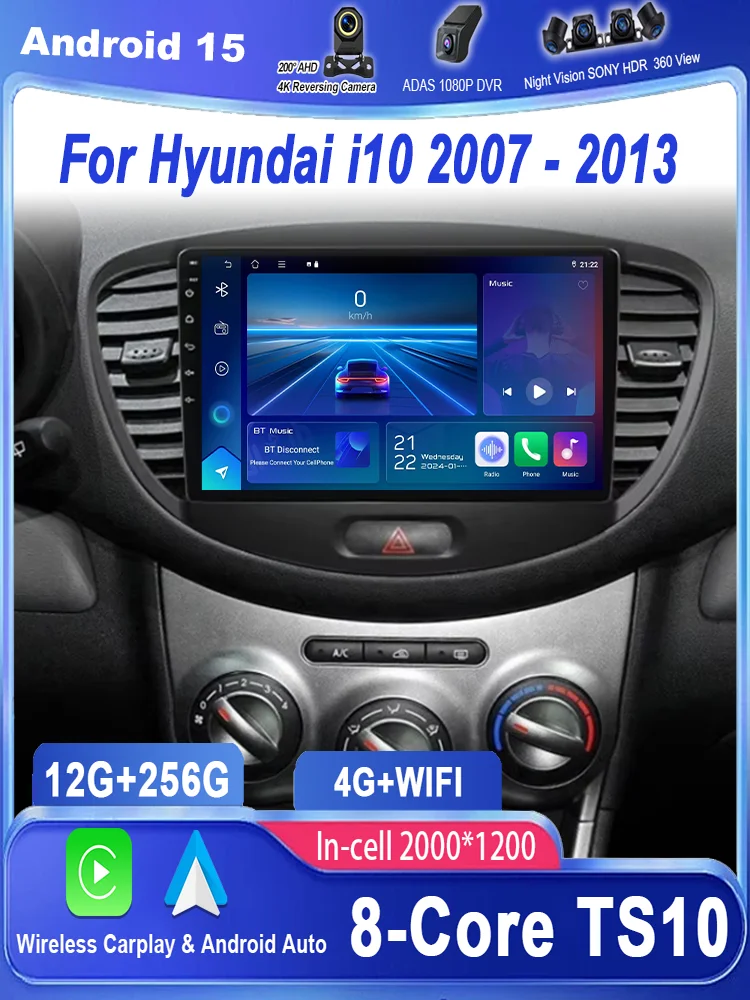 Android 15 Auto DVD Voor Hyundai i10 2007 2008 2009 2010-2013 Auto Radio Stereo Multimedia Speler GPS Navigatie 2din 4G Carplay - afbeelding 2
