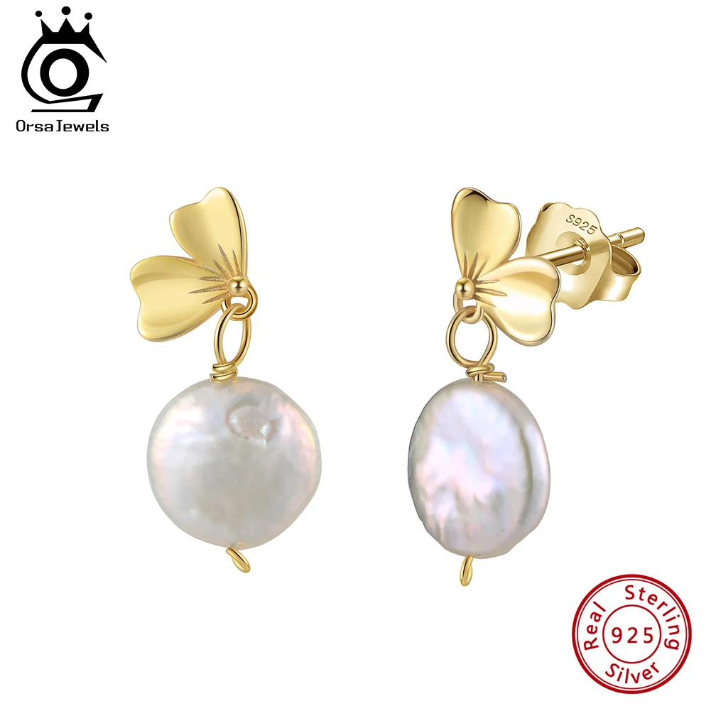 

ORSA JEWELS New Retro Round Pendant Earrings with Natural FreshWater Baroque Pearl 925 Silver Butterfly Shaped Eardrop GPE110