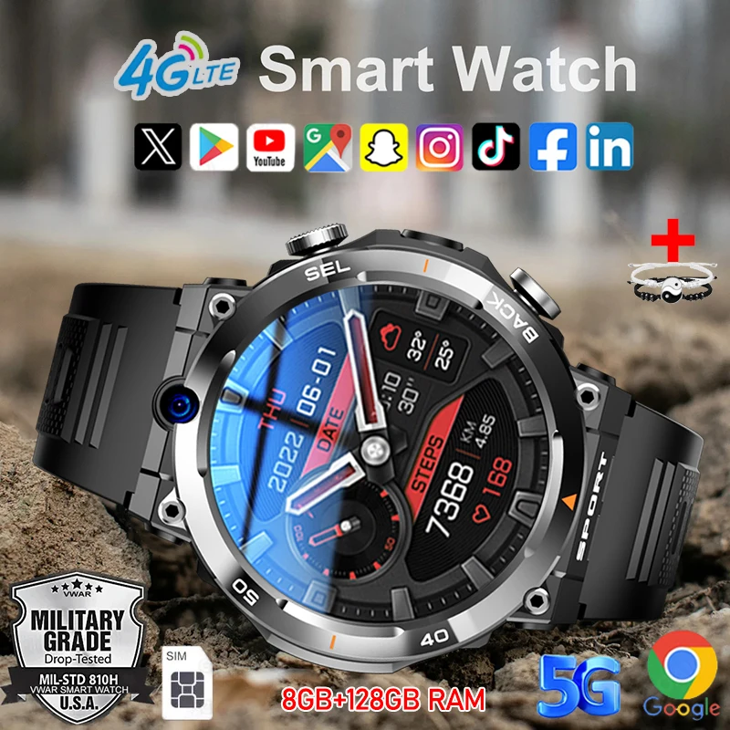 

4G Network Sport Smart Watch 8GB+128GB RAM 1.39 inch 360*360 HD Screen 900mah Battery 500W Camera GPS WIFI Google APP Smartwatch