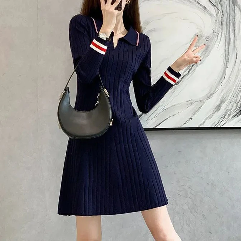 Korean Fashion Striped Patchwork Elegant Chic Knitted Dresses for Women Casual Polo Collar Long Sleeve Slim Mini Dress Vestidos