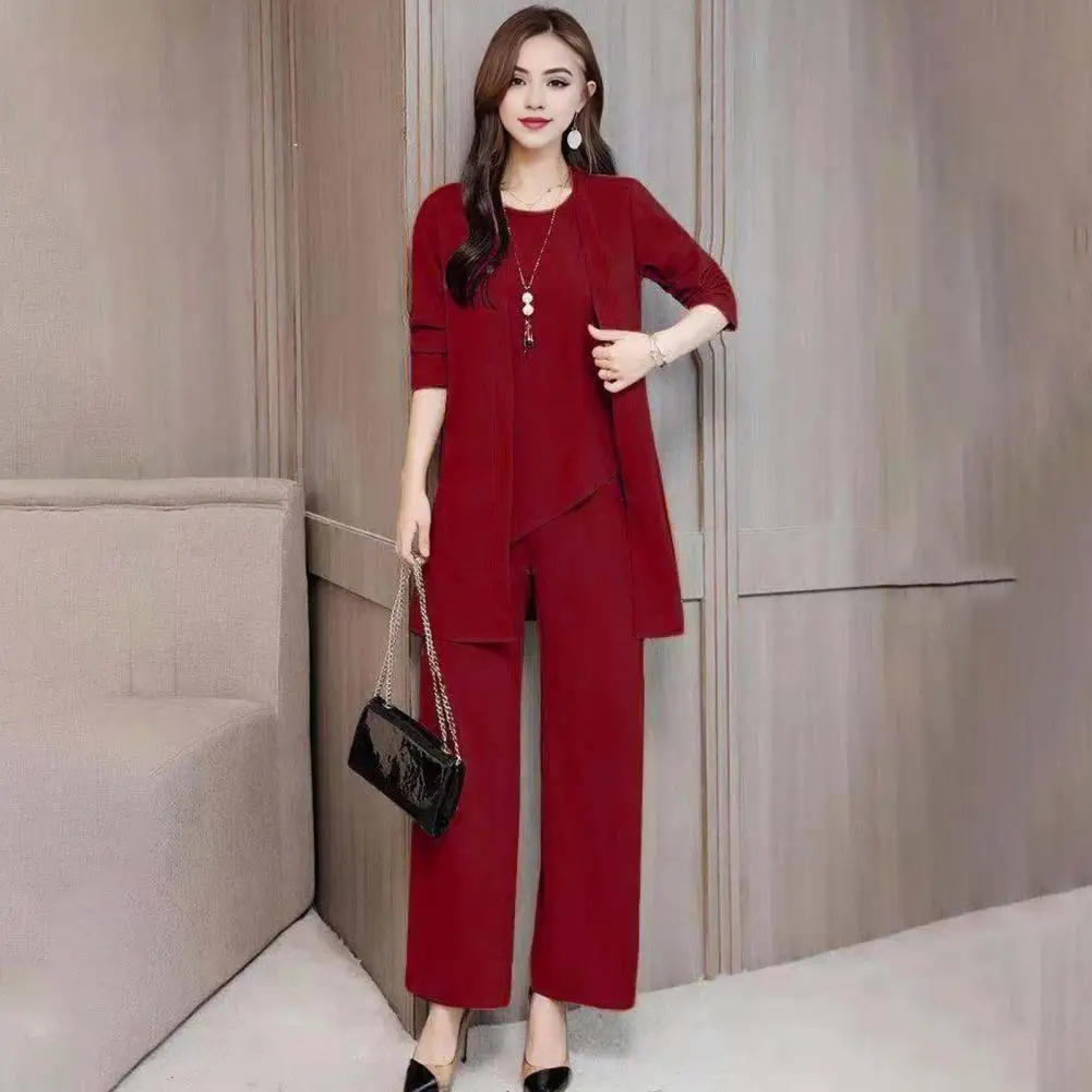 Women Fall Suit Elegant Women\'s Spring Fall Outfit Set with Sleeveless Vest Long Sleeves Coat Wide Leg Pants for Office Daily