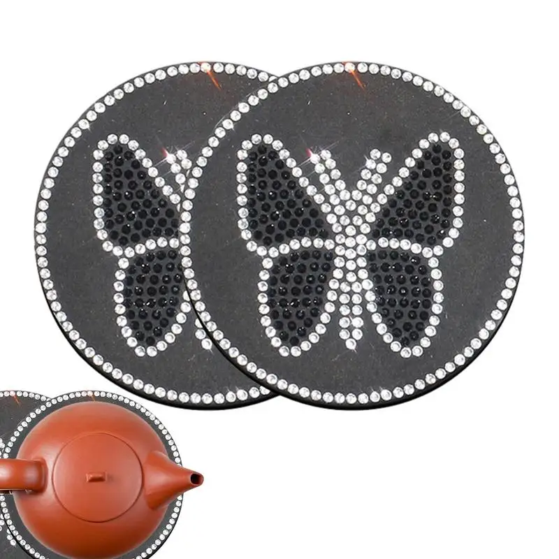 Car Drink Coaster Butterfly Rhinestones Car Cup Coaster Mat 2Pcs Heatproof Car Interior Accessory Universal For Women Men