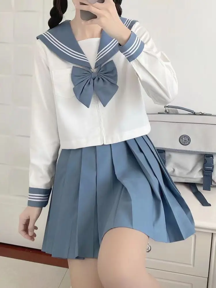 Uniforme JK blu Uniformi scolastiche giapponesi a maniche lunghe estive Set da marinaio per ragazze Gonna a pieghe Costume uniforme JK