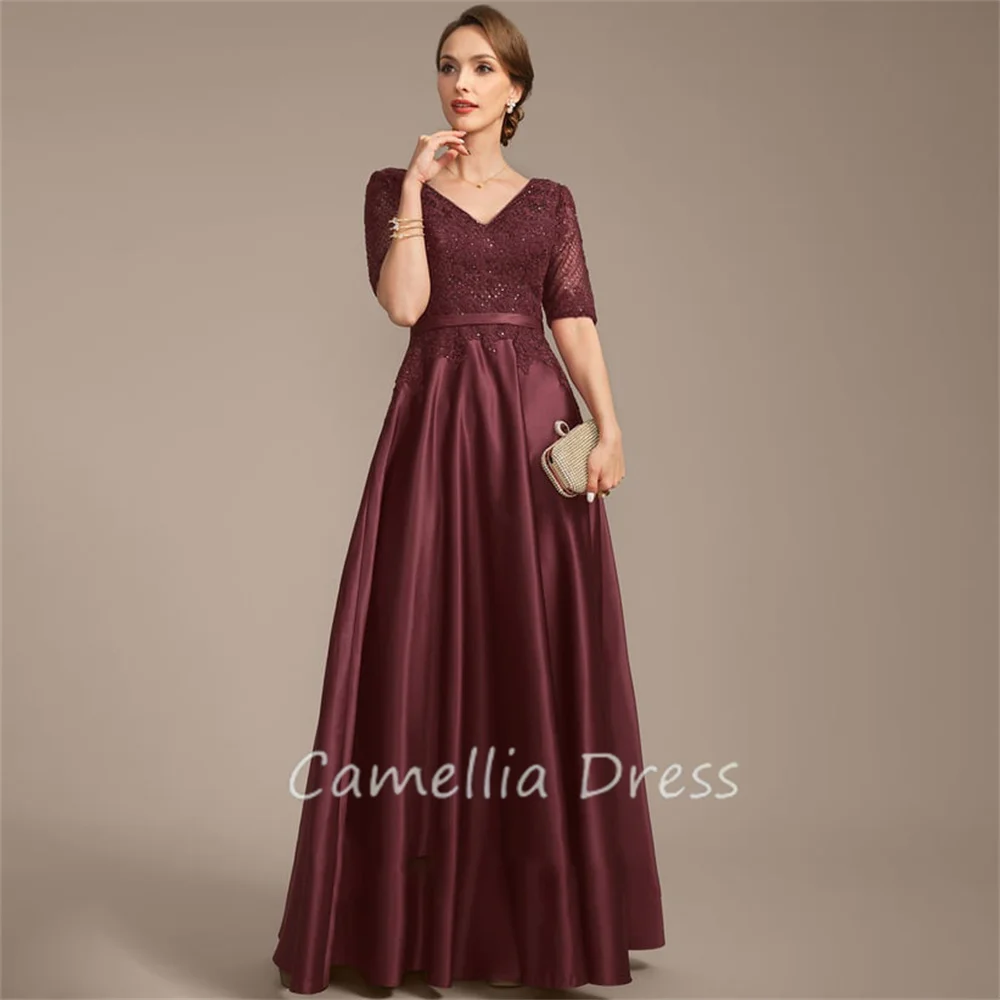 New V Neck Mother Of The Bride Dress A Line Floor-Length Satin Lace With Sequins Formal Dresses Vestidos Mae Da Noiva Casamentos