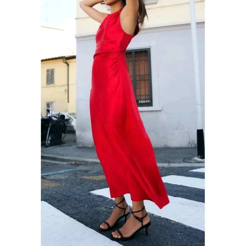 ชุดราตรีสีแดง Ele แบบเสื้อกั๊กยาว ผ้าไหมซาติน ความยาวปานกลาง ดีไซน์ใหม่สำหรับฤดูใบไม้ผลิ แฟชั่นผู้หญิง Ele ทรงเข้ารูปเอว ดีไซน์สวย