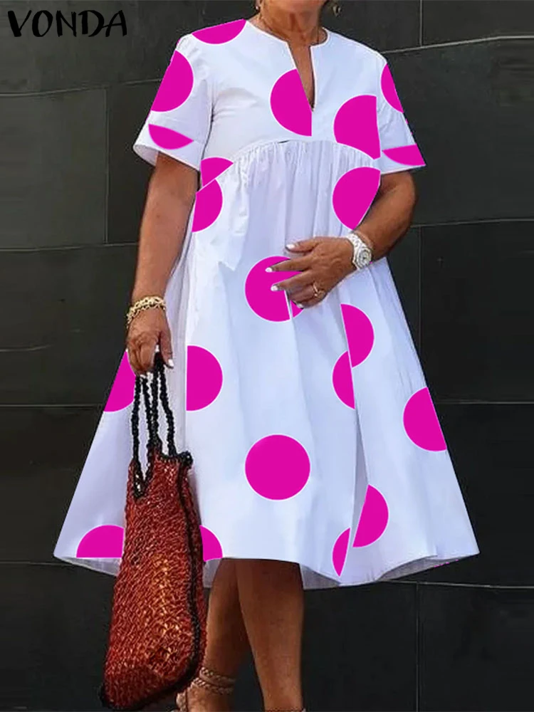 VONDA Plus Size 5XL Women Polka Dot Dress 2024 Summer V Neck Party Sundress Bohemian Maxi Long Dress Vestido Beach Robe Elegant