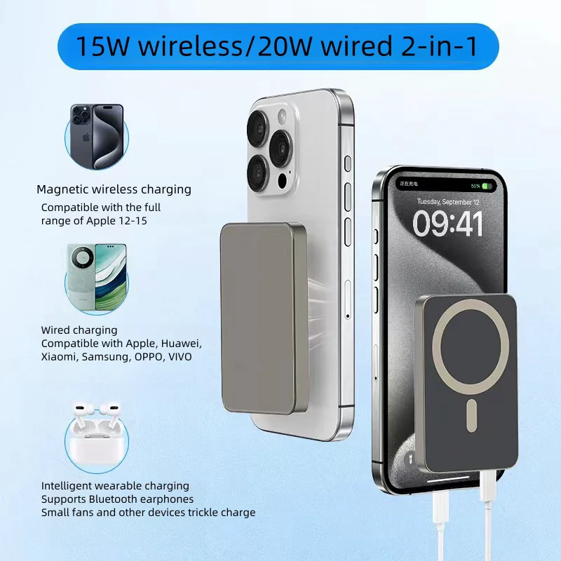 Ultra thin magnetic wireless power bank PD20W bidirectional fast charging 10000mAh external mobile power bank