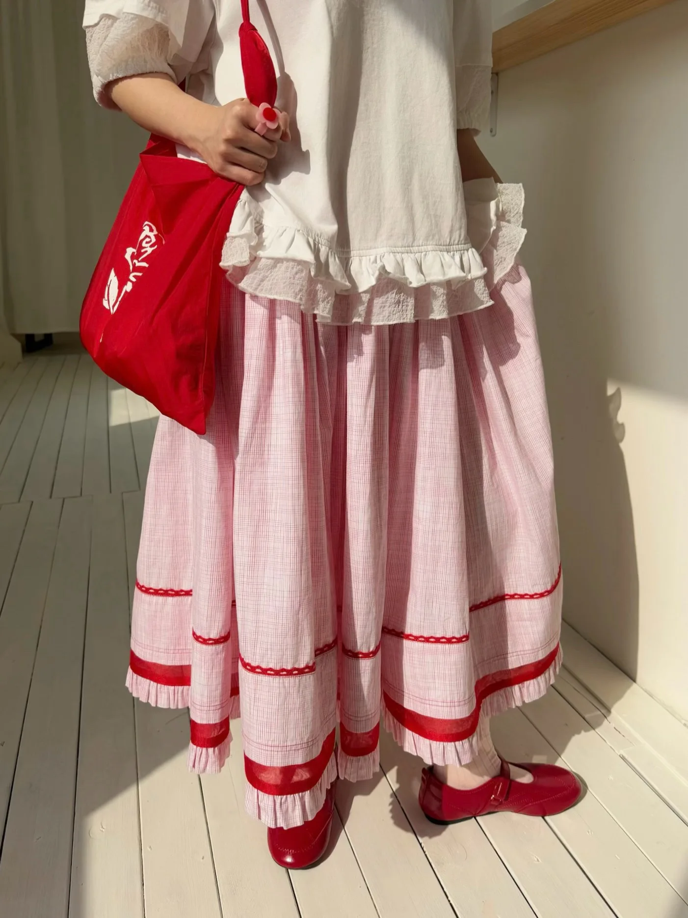 

Юбка YUNKIXU Petite Original с ручной росписью, с крупными оборками и кружевными вставками, в японском стиле, из хлопковой ткани в клетку гингем