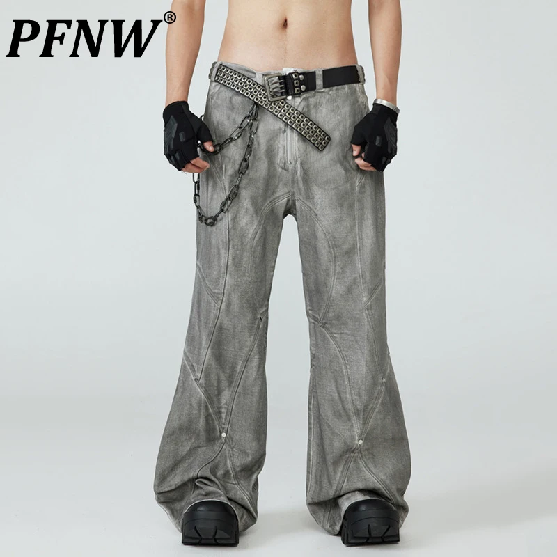 

PFNW New Autumn Men's Denim Pants Dirty Dye Washed Worn-out Bottom Straight Wide Leg Male Jeans Loose Menwear High Street 12C566