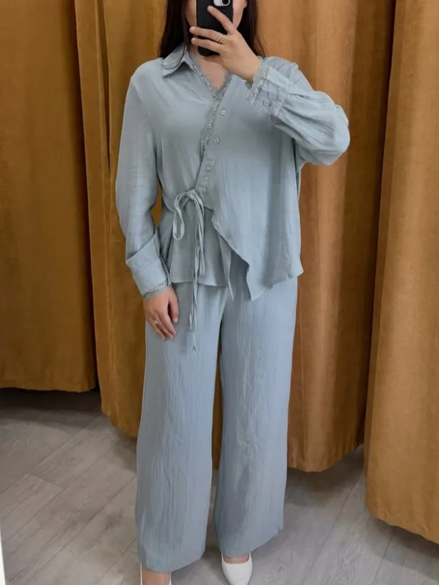 

Casual Lace Splicing Set Women Fashion Lapel Long Sleeve Button Lace Up Asymmetric Shirt High Waist Wide Leg Pants Two Piece Set