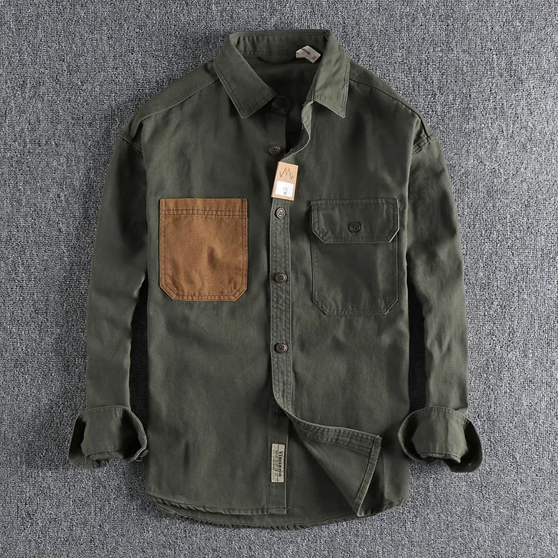 Men's Long Sleeve Cargo Shirt Premium Solid Sleeve Patch Washing Jacket Lapel Japan Style Simple Handsome Caucal Outwear Coats