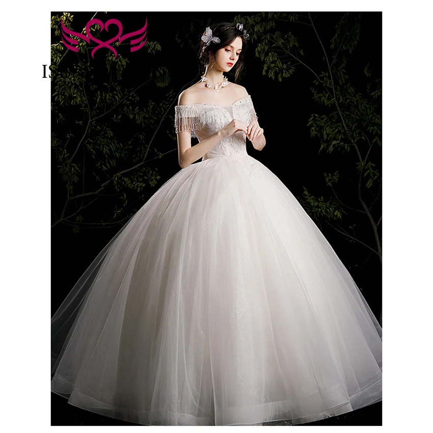 カスタマイズされたオフショルダークリスタルタッセルウェディングドレス夜会服 V ネック光沢のあるチュールエレガントなシンプルな花嫁ドレスヨーロッパ WX0457