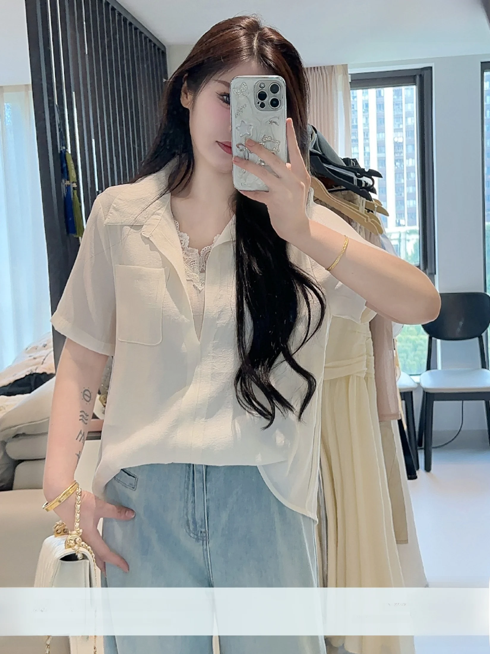 

Slimming Effect Short Sleeve V-Neck Faux Two-Piece Shirt Women's Summer plus Size Casual Style Pure Color Top by Li Xiaosha