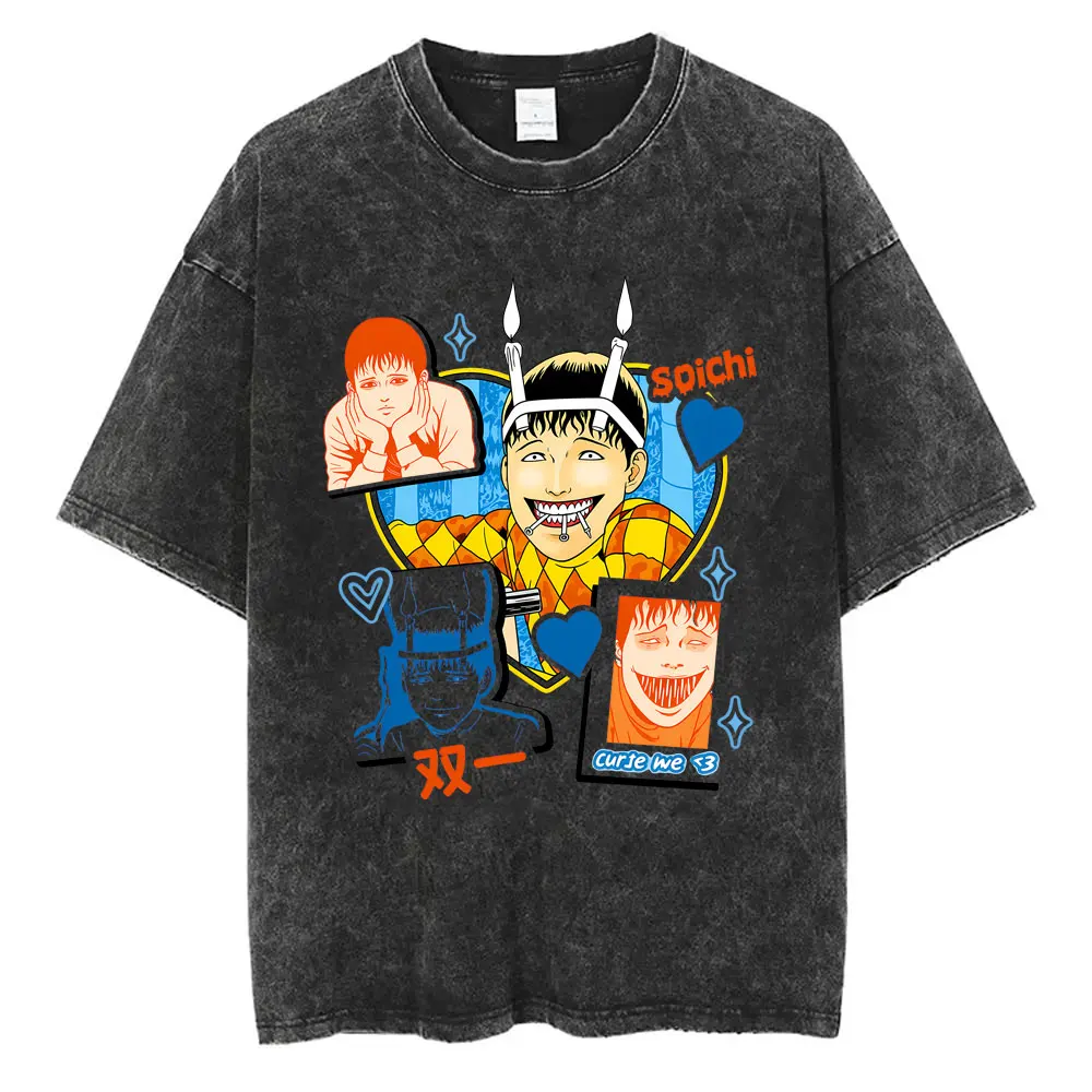 Anime Junji Ito Souichi Vintage Washed T-shirt Men Women Manga Horror Gothic Rock Streetwear Men's Retro Quality Cotton T-shirts