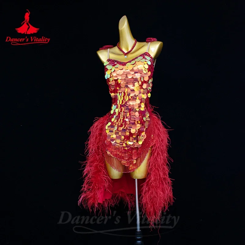 Latin Dance Performance Costumes Senior Customization AB Stones Feather Sequin Dress Tango Chacha Samba Competition Dresses