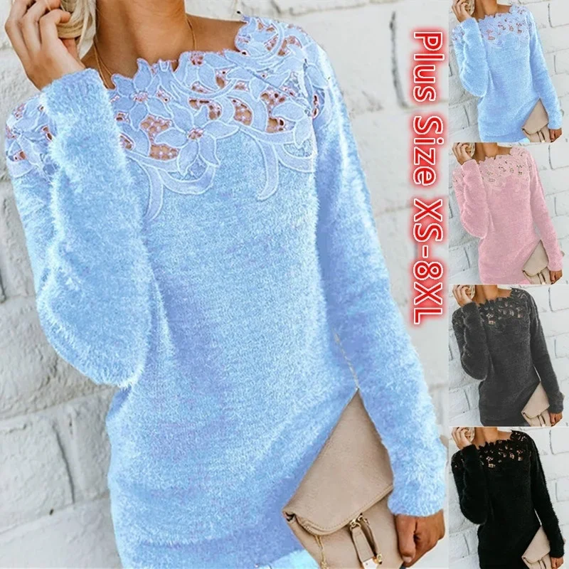 Large Size Womens Ladies Long Sleeve Lace Floral Print Pullover Long Sleeve Round Neck Hollow Out Sweater Jumpers