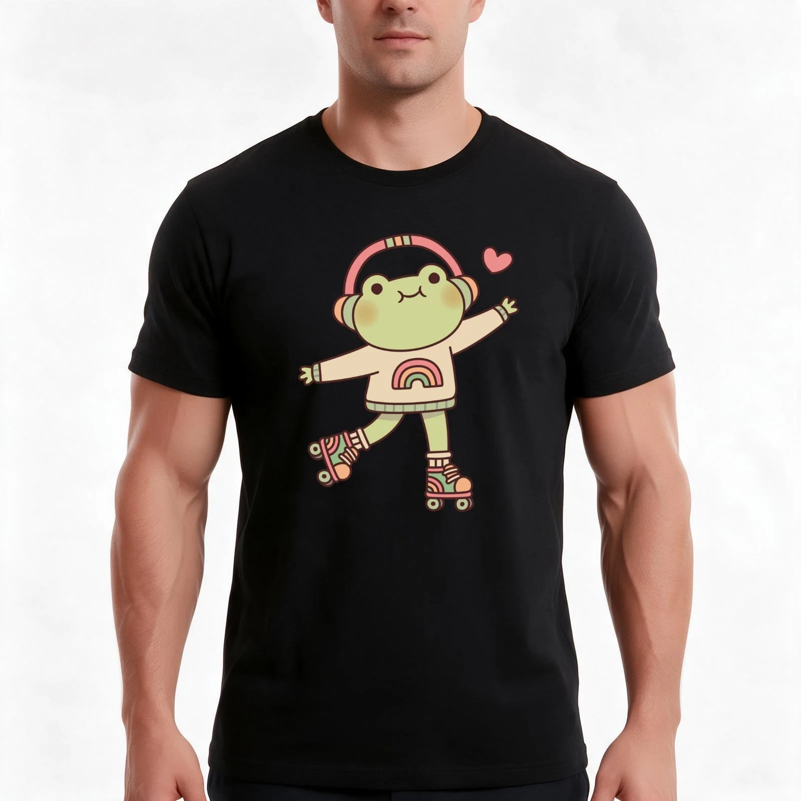 Cute Frog With Headphones And Roller Skates T-Shirt, Summer Casual Cotton Tee, Oversized Streetwear Tops, Vintage Graphic Print