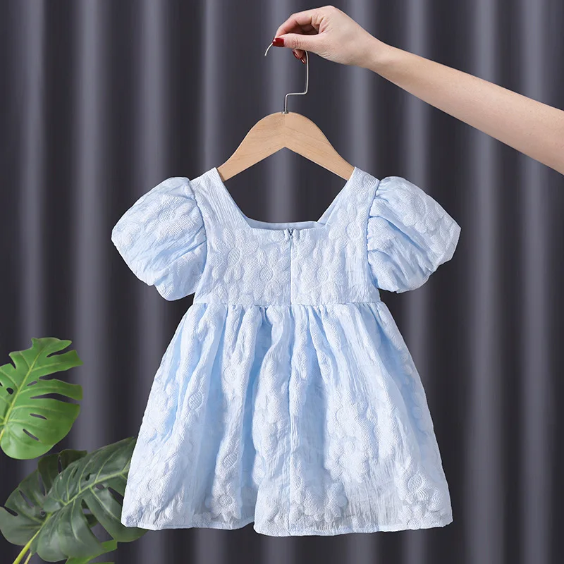 Girls' Clothing Dresses Summer Clothing2024New Children's Baby Simple Dress French Jacquard Blue Princess Dress