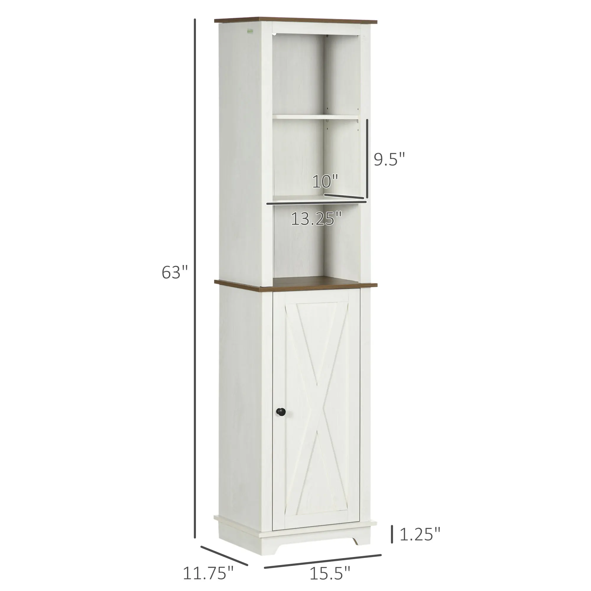Farmhouse Bathroom Cabinet, Tall Storage Cabinet with Door and Adjustable Shelves, 15.5" x 11.75" x 63", White view 3