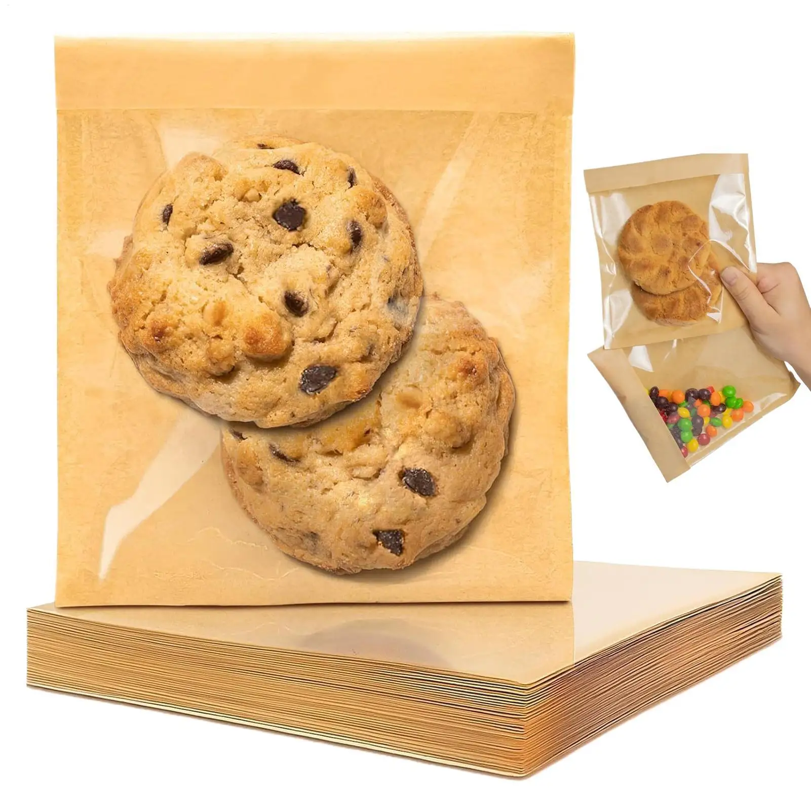 100Pcs Self-Sealing Cookie Bags Food Grade Bakery Paper Packaging Bags Clear Window Oil-Proof Sleeves For Bread Candy Macaron