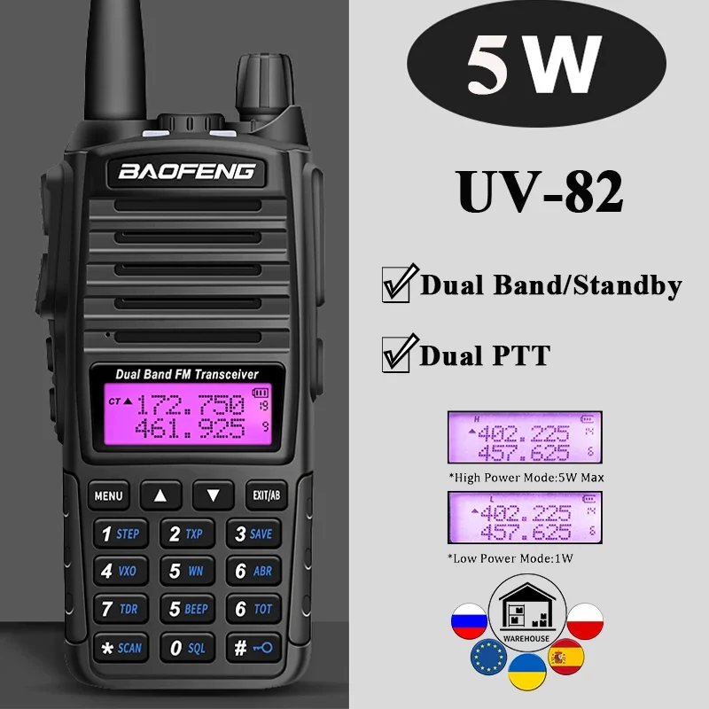 Baofeng UV-82 Walkie Talkie 5W/8W 2800mAh Type-C Charging Dual PTT Dual Band Long Range High Capacity For Hunting Two Way Radios