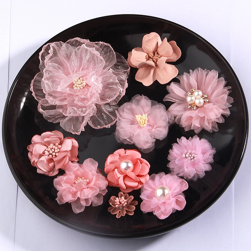 10PCS/Lot Pink Series Mix Styles Set Chiffon Fabric Flowers For Wedding Dress Hat Shoes Decoration