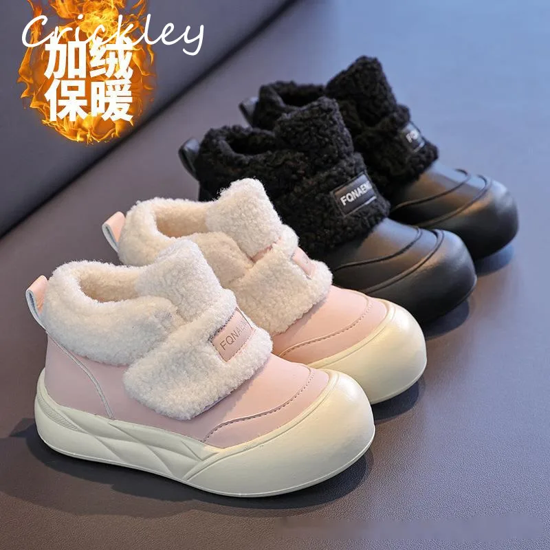 

Winter Solid PU Children Fashion Boots Plush Warm Hook Loop Kids Ankle Shoes Thicken Anti Slip Soft Girls Boys Snow Boots