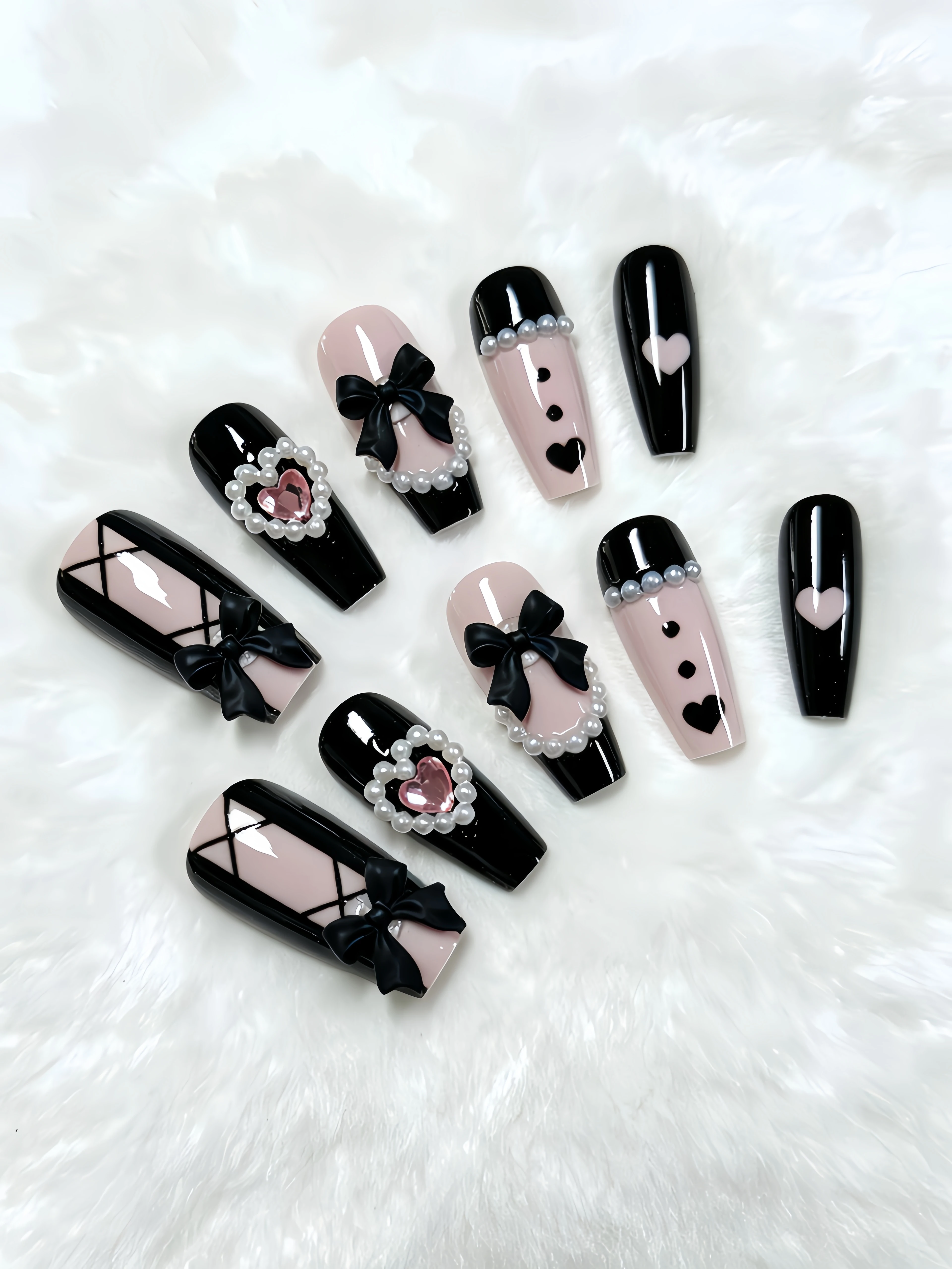 10 Medium-Length Trapezoidal Press-On Nails, with Black Pink as the Main Color, Y2K Sweet Cool Style Nail Patches, Featuring Pearl Bowknot and Heart-Shaped Rhinestone Elements, Gothic Nail Art, Suitable for Office Workers, Students, Niche Enthusiasts, Lolita Outfits, Daily Outings, Workplace, Bars, Clubbing, Campus Life, Dance Parties, Dates, Photoshoots, Street Outings, Etc. French Punk Style Press-On Fake Nails, Include a Jelly Glue and a Nail File