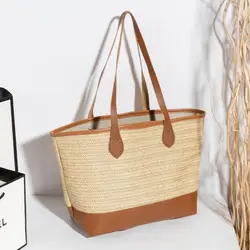 Pu Leather Weave Straw Tote Bag Trendy Shoulder Bag Patchwork Color Beach Handbags Large Capacity Raffia Bag Girls