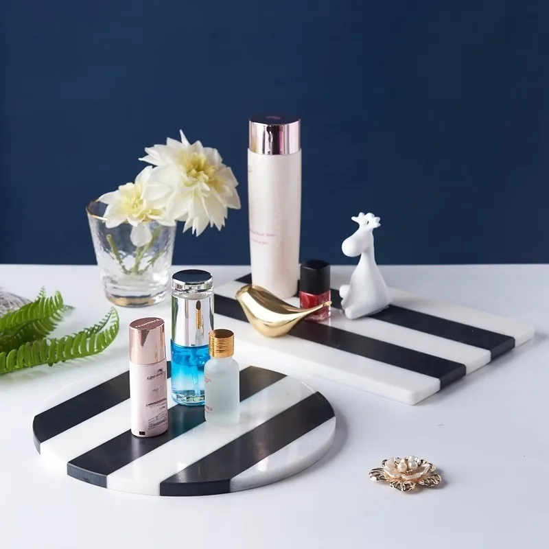 

Natural Marble Flat Tray Black and White Splicing Design Ornament Creative Home Desktop Multifunctional Storage Tray Decorat