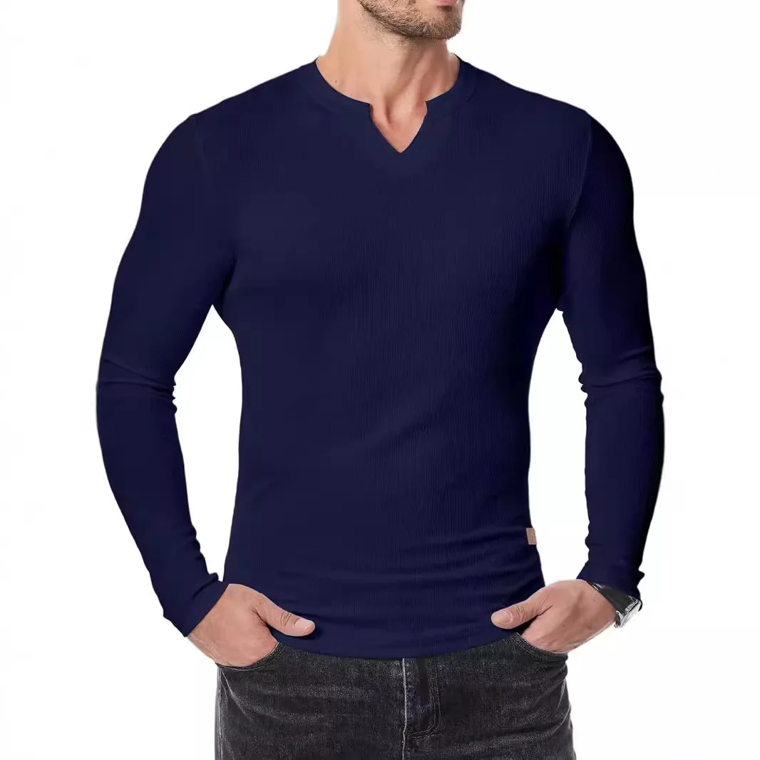 Men's New Autumn and Winter V-neck Pit Strip T-shirt Solid Color Casual Fashion Men's Long Sleeves T Shirts Harajuku Men Blouse