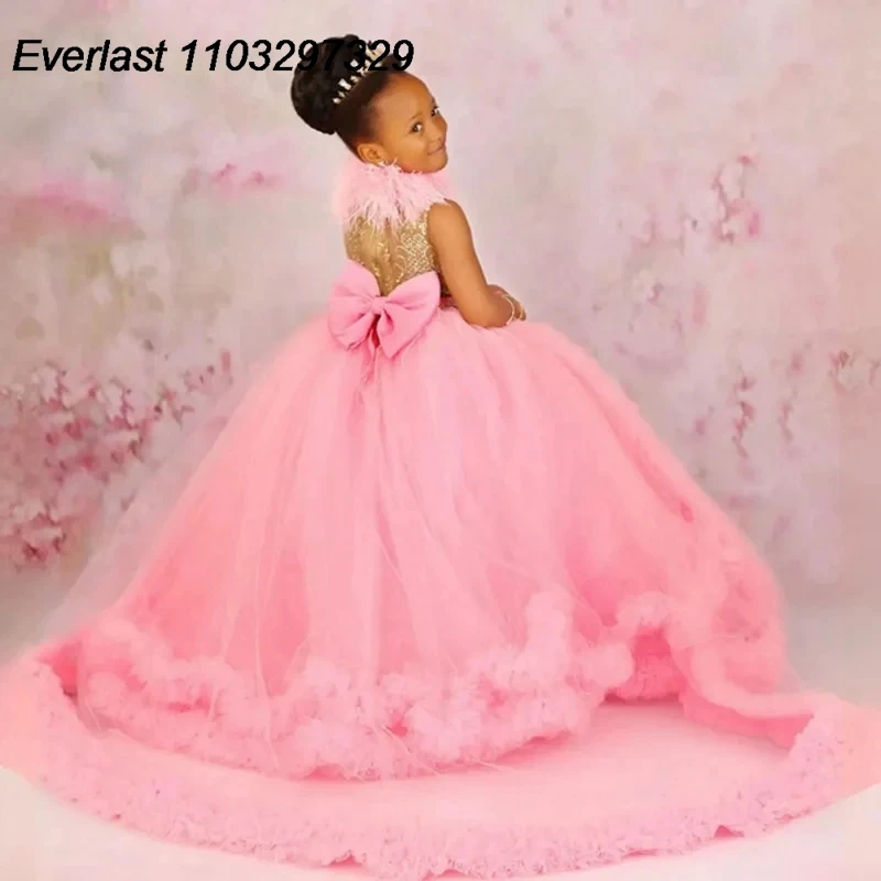 EVLAS African Flower Girl Dress Feather Lace Girl's Dress for Wedding Bow Birthday Party Communication Gowns Ruffled Kids TFD135