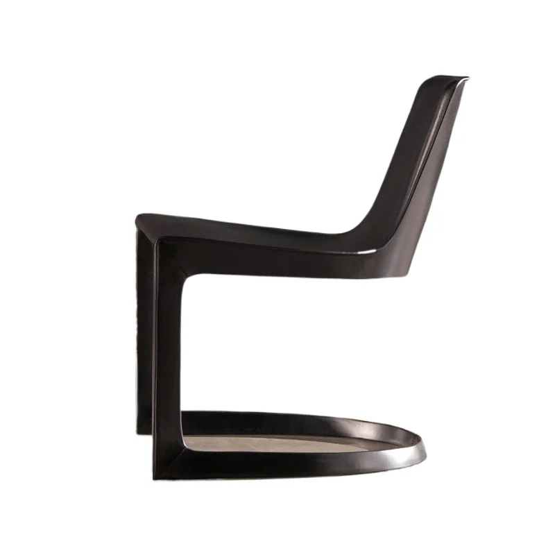 

Saddle hard leather dining chair, Italian simple stainless steel circular arc foot leather sitting back chair