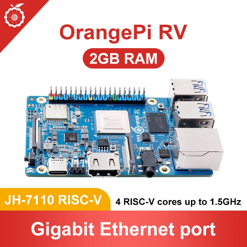 Orange Pi RV 2GB Single Board Computer, JH-7110 RISC-V ,WiFi5+BT5.0 4*USB 3.0,Gigabit Port,HDMI 2.0,5V4A Type-C Powered