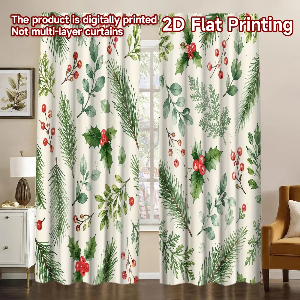 2D FLAT PRINTING 2pcs Curtains (Without Rod) Christmas Leaves and Berries Modern Minimalist Curtains Prints Light Filtering