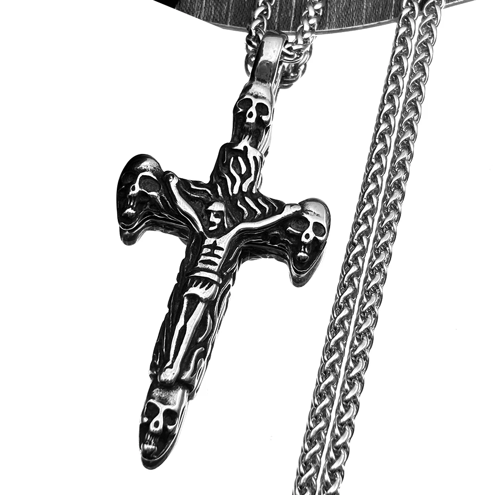 

Gothic Jesus Cross Skeleton Chain For Women Men Stainless Steel Black Dark Punk Death Metal Style Necklace Jewelry Accessory