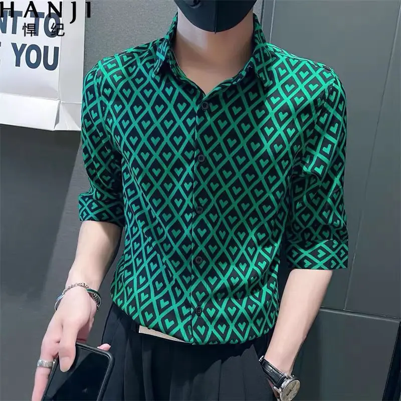 Elegant Fashion Harajuku Slim Fit Male Clothes Casual Sport All Match Shirt Pointed Collar Printed Button Middle Sleeve Blusa