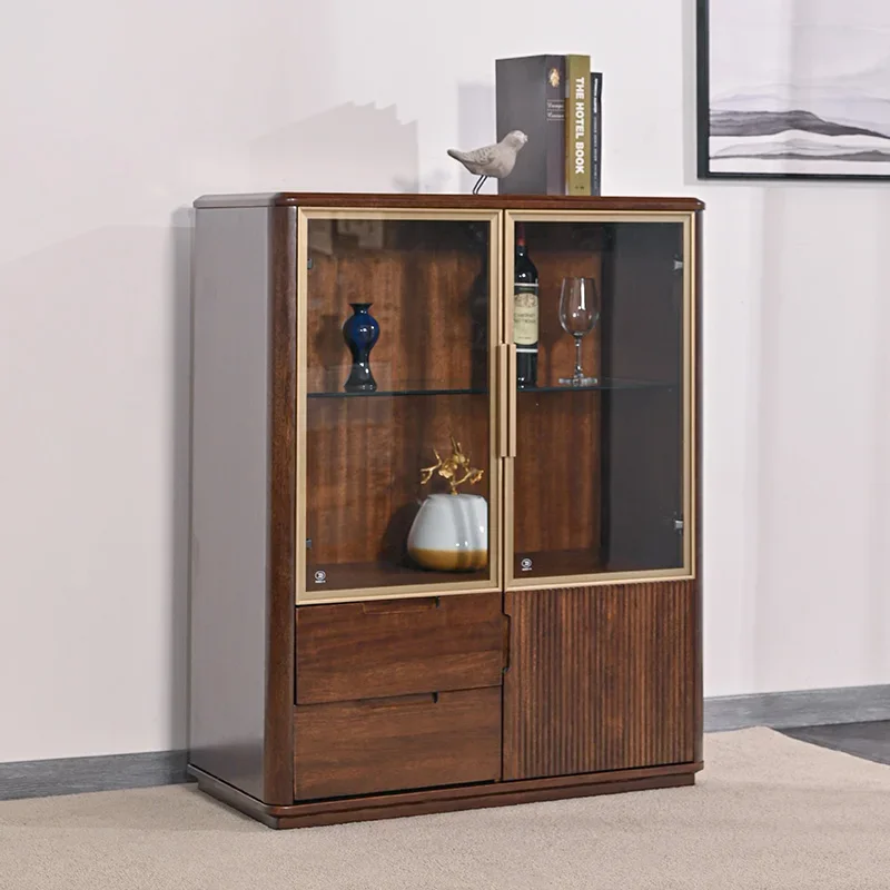 Walnut Solid Wood Chinese Modern Simplicity Living Room Glass Display Storage Low Cabinet