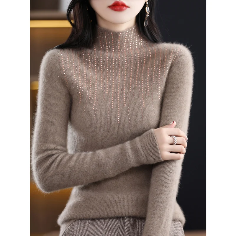 

First Line Ready To Wear Seamless 100 Pure Woolen Sweater Women's Half High Collar Drilling Slim Knit Bottom Layer Autumn Winter