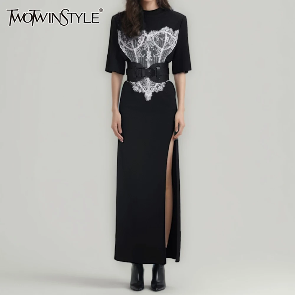 

TWOTWINSTYLE Hit Color Slimming Spliced Lace Dresses for Women Round Neck Half Sleeve Split Temperament Dress Female Fashion New