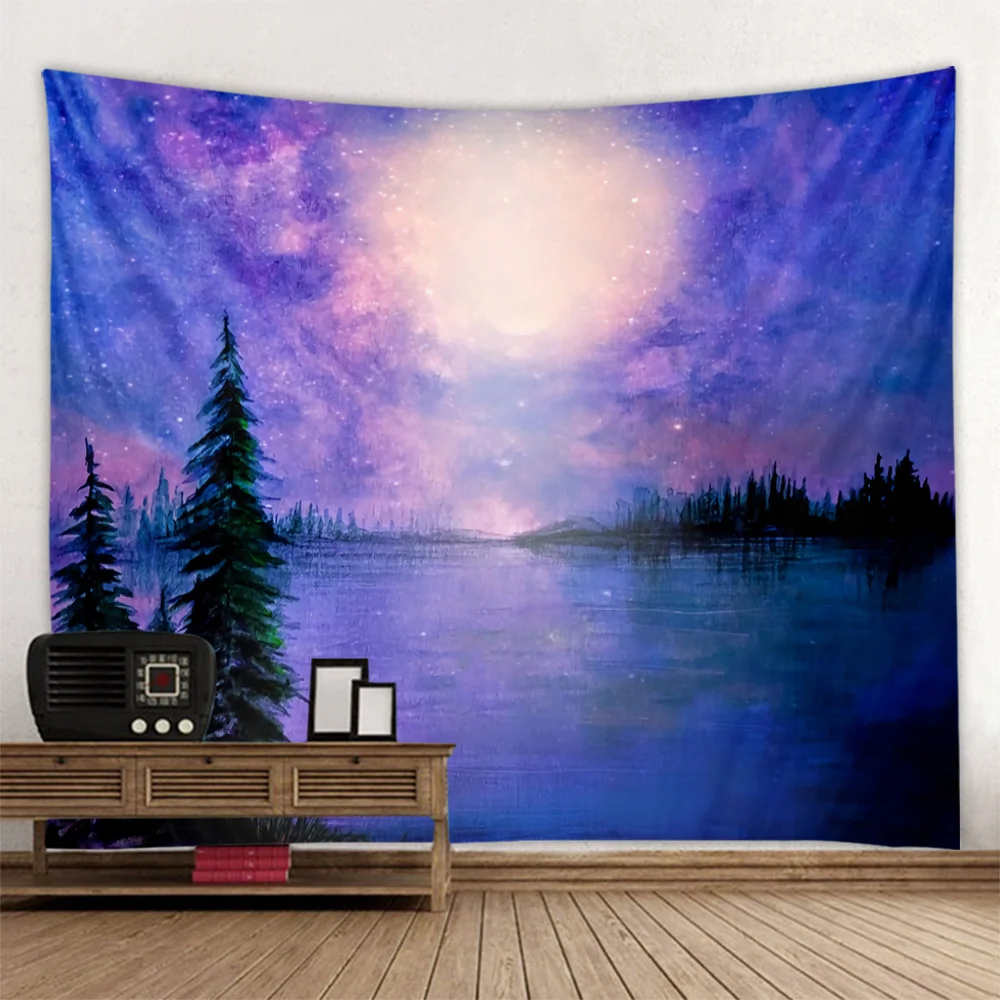 Night Forest Printed Tapestry Starry Sky Landscape Wall Hanging Cloth Bohemian Home Dormitory Art Decoration Hanging on the Wall