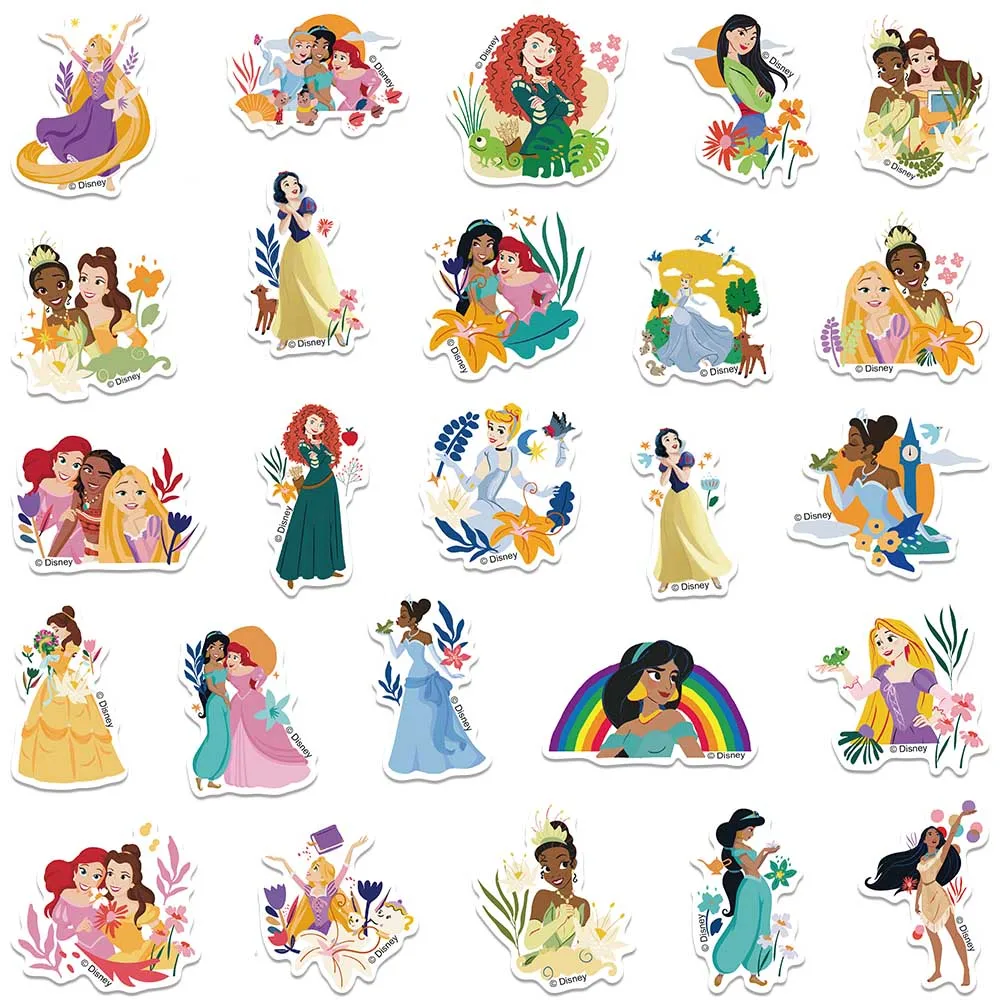 Disney Princesas adesivos impermeáveis para meninas, desenhos animados bonitos, anime, grafite, laptop, telefone, bagagem, guitarra, decalques de vinil, 50pcs