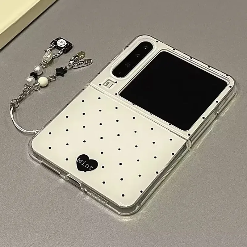 

zflip7 case Cute Korean Style Polka Dot flip Phone Case For Samsung Z Flip7/6/5 Xiaomi Mix Flip/Pura x With Beaded Chain Pendant