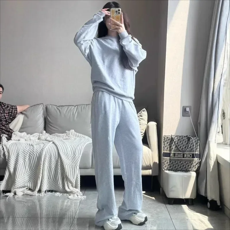 Women's Sweatpants Hoodie Two Piece Set Solid O Neck Pullover Trousers Suits Women Cotton Casual Sports Tracksuit Wide Leg Pants
