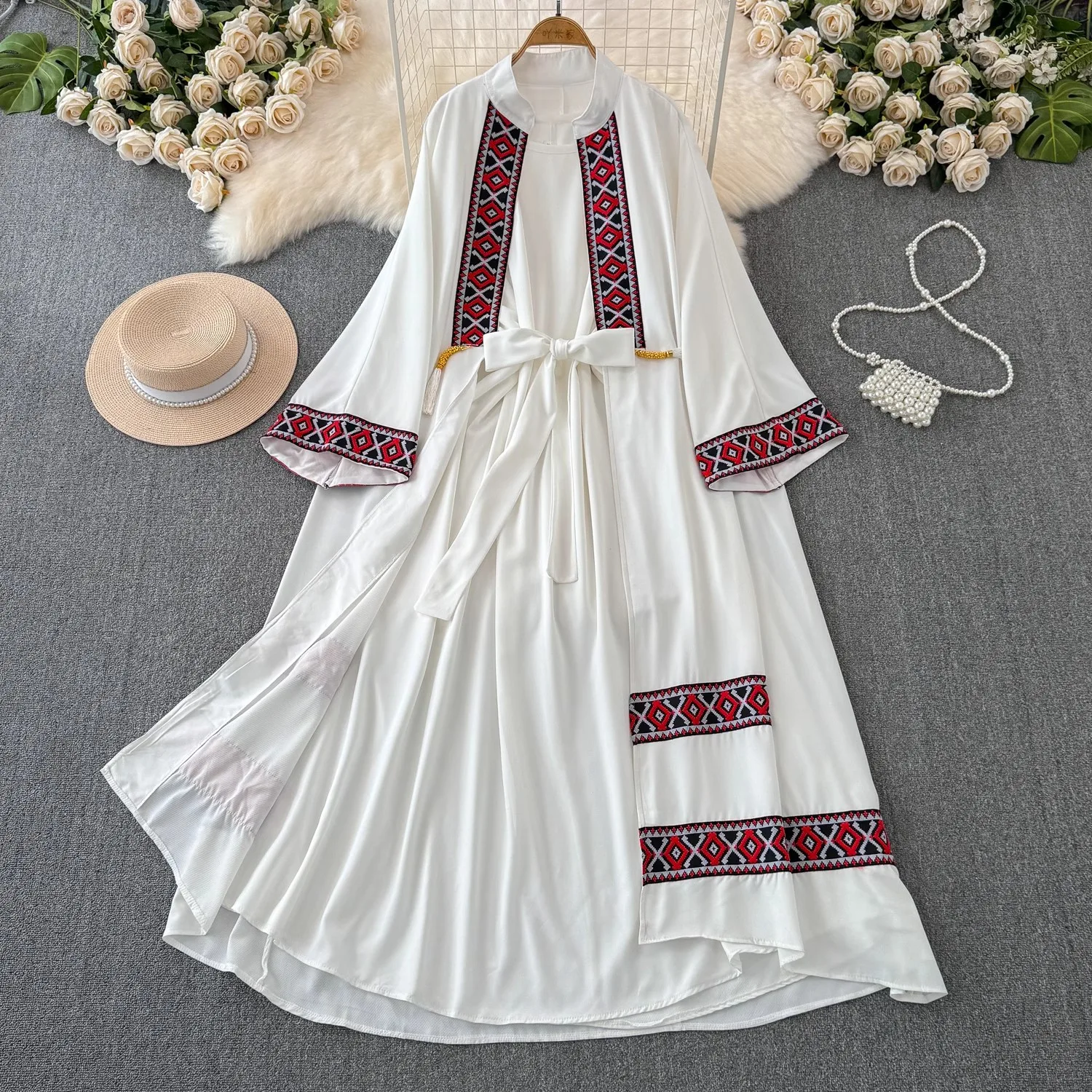 2024 New Boho Elegant Women Spring Autumn Embroidery Tassel Casual O Neck Sleeveless Lace Up Dress+Print Long Sleeve 2 Piece Set