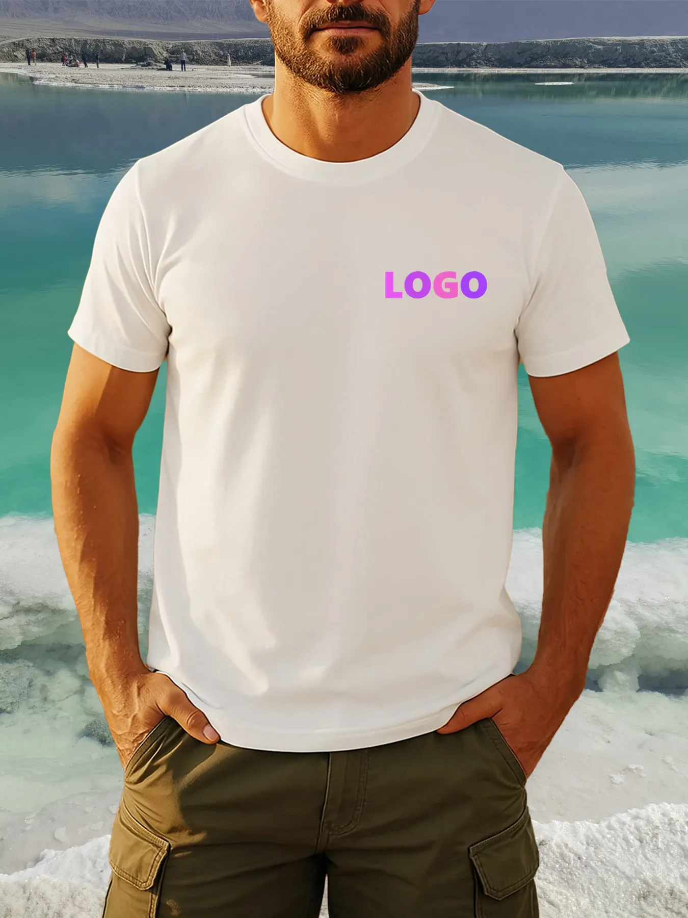 تي شيرت رجالي قابل للتخصيص - نص مخصص "You Design Here"، نمط هندسي، قطن ناعم، كاجوال برقبة دائرية وأكمام قصيرة