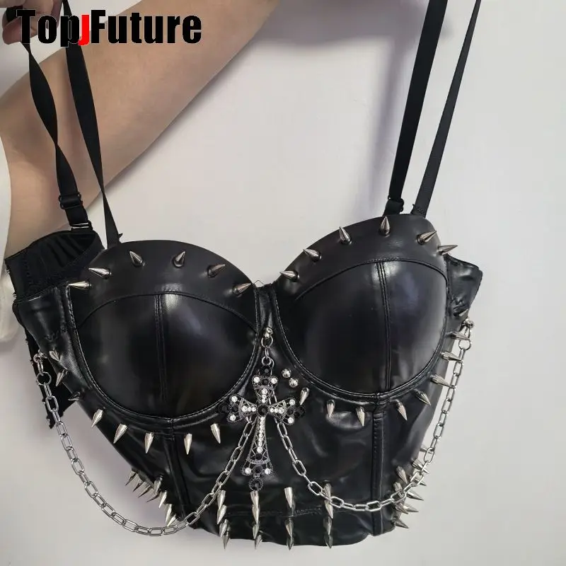 

Women Gothic Lolita Punk Harajuku Streetwear Y2K Girl Cross Spike Trim Crop Top Rivet Skeleton Metal Chain Steampunk Tank Corset