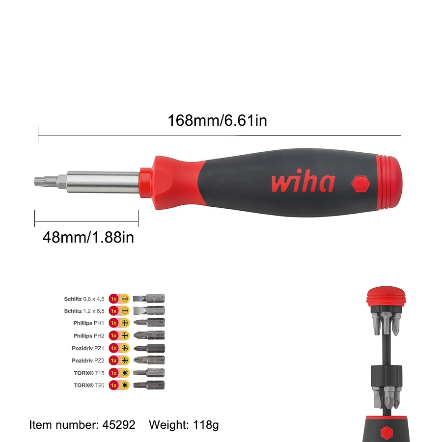 WIHA PocketMax 45292 Screwdriver Set with 8 Bits Magazine SL/PH/PZ/TORX 1/4'' Magnetic Screwdriver