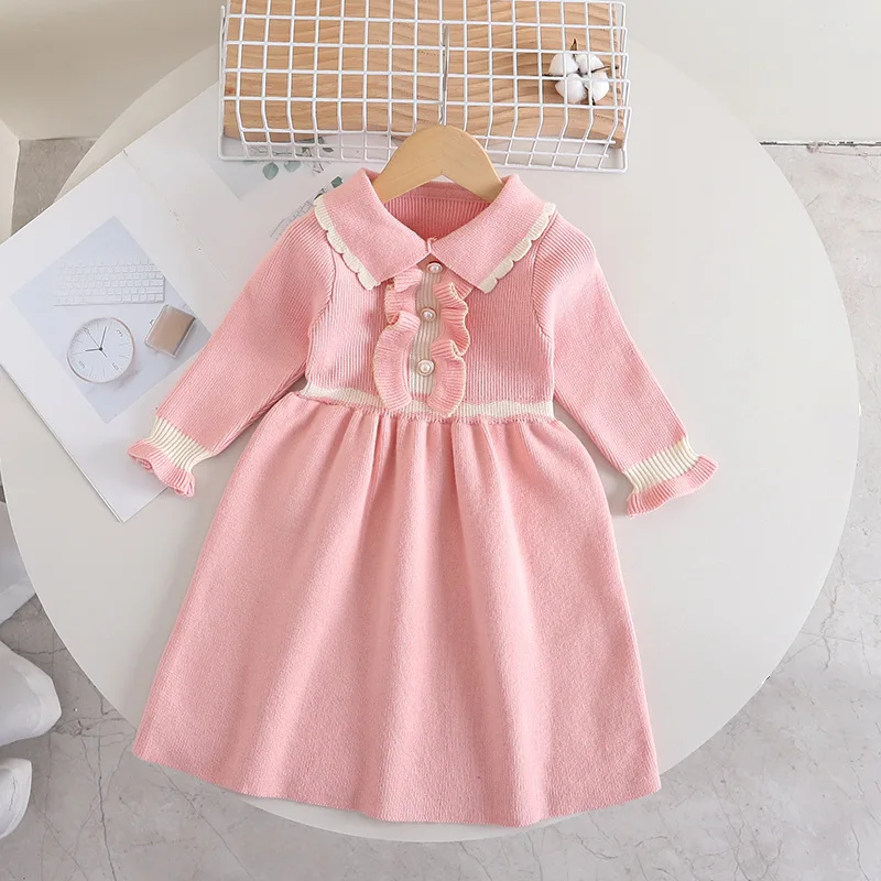 MILANCEL 4-8Y Kids Dresses A Line Knit  Dress for Girls  Turn Down Collar Girls Clothes