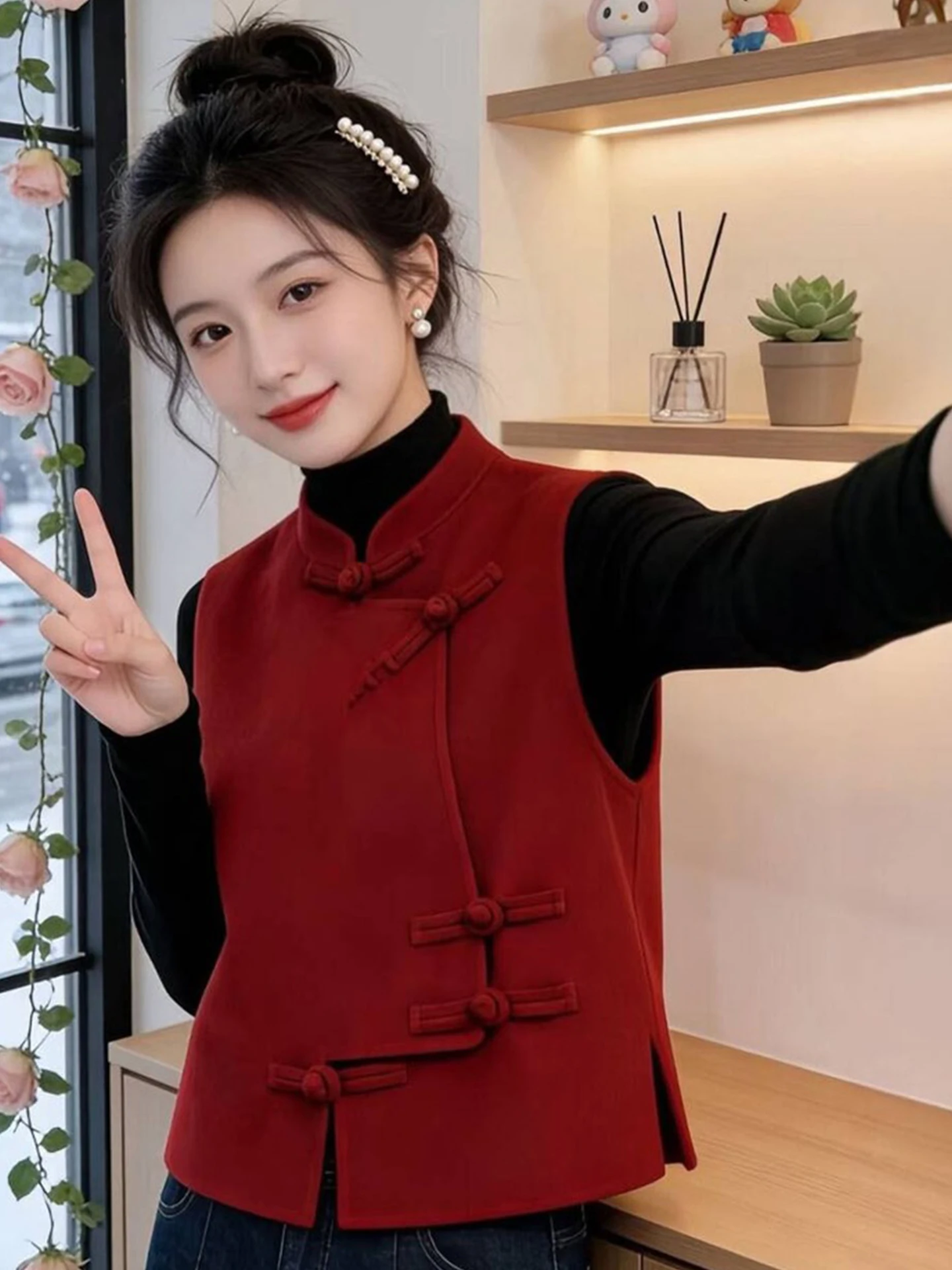 

Красный женский модный комплект к Китайскому Новому году: жилет с воротником на пуговицах, брюки с высокой талией, повседневный стиль